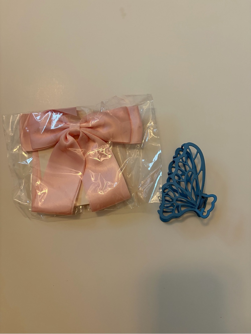 Pink Satin Bow Hair Clip and Blue Butterfly Clip